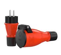 RedStar24 Lot fiche mâle + prise femelle Schuko 230V IP54 - Connecteurs en caoutchouc robustes avec serre-câble et protection anti-pliure - Prise électrique extérieure 16A pour rallonge - Rouge