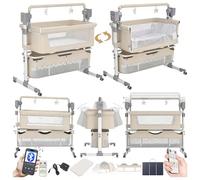 Reenborn Électrique Bluetooth Intelligent Lit Cododo Bebe, Pliable Convertible Cododo Berceau Bébé Co-Sommeil, Lit Bebe avec Matelas, Musique, Télécommande et 5 Vitesses Balancement (601 Beige)