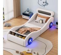 Référence : WX000513AAK, Lit tapissier 90x200, structure auto-porteuse, roues lumineuses, espace de rangement, revêtement en PU, sans matelas.