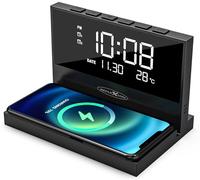 Reflexion ACW2188 Chargeur sans fil, station de charge pour smartphone, réveil avec chargeur sans fil, grand écran pour l'heure, la date et la température, 2 alarmes, veilleuse, fonction de charge USB