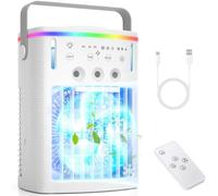 Refroidisseur d'air évaporatif portable avec télécommande, réservoir d'eau de 1000 ml, ventilateur à 3 vitesses, 3 réglages de minuterie et lumière LED à 7 couleurs pour la maison