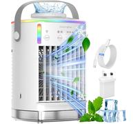 Refroidisseur d'air portable, mini climatiseur 4 en 1, 2 brumes froides, 4 vitesses de vent, 7 lumières RVB et minuterie, ventilateur de refroidissement à usage personnel pour la maison, le bureau, la