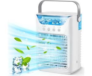 Refroidisseur d'air USB - Mini ventilateur de table - Refroidisseur d'air avec réservoir d'eau - Humidificateur d'air - Petit climatiseur portable et silencieux pour chambre à coucher - Blanc