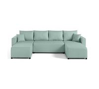 Bestmobilier Canapé panoramique convertible Regala 7 places en tissu avec coffre Bleu ciel