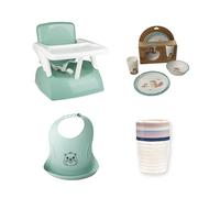 Rehausseur de chaise pour enfant + Boîtes de conservation + Coffret vaisselle micro-ondes + Bavoir semi-rigide