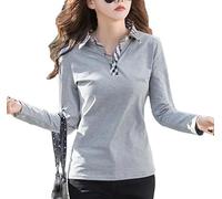 REHJJDFD T-shirt à manches longues et col polo pour femme - Coupe ajustée - Motif rayé - Haut en coton, Gris 9., S