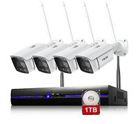 REIGY 3MP Système Surveillance WiFi Exterieure avec Spotlight et 1TB HDD, Kit Camera Videosurveillance 10CH 5MP NVR + 4X 1296P Camera, Audio Bidirectionnel Vision Nocturne Colorée Imperméable