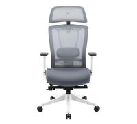 REKT Office-R - Chaise de Bureau Ergonomique - 12 régalges - Fauteuil de Bureau avec Support Lombaire - Appuie tête - Profondeur d'assise - Assise 55Kg/M3 Confort (Blanc/Gris)