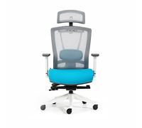 REKT Office-R - Chaise de Bureau Ergonomique - 12 régalges - Fauteuil de Bureau avec Support Lombaire - Appuie tête - Profondeur d'assise - Assise 55Kg/M3 Confort (Blanc/Bleu)