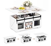 RELAX4LIFE 3 en 1 Table Basse Relevable avec Compartiments Cachés, Blanc | Plateau Extensible, Portes Coulissantes Grange, Étagères Ouvertes, Table de Salon Convertible pour Bureau/Salle de Réception