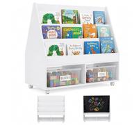 RELAX4LIFE Bibliothèque Enfant Montessori Mobile avec Tableau Noir (Blanc) | en Bois avec 3 Étagères, 2 Niches Traversantes, 5 Roulettes avec Freins, Support à Craies pour Chambre, Salle de Jeux