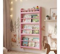 RELAX4LIFE Bibliothèque Murale Enfant Montessori en Bois, Étagère à Livres à 4 Niveaux avec Barres de Protection, Rangement Mural Gain de Place 12cm de Profondeur pour Salle de Jeux Crèche (Rose)