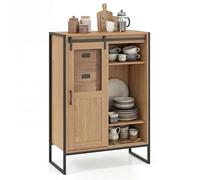RELAX4LIFE Buffet Industriel avec 5 Tiroirs, Porte Coulissante, Étagères Réglables, Dispositif Anti-Basculement, Meuble de Rangement Vertical pour Salon Cuisine Entrée, 84X40X120 CM (Naturel)