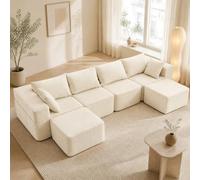 RELAX4LIFE Canapé d'angle Modulable en Velours Côtelé Moderne, Beige | Assise Profonde 6 Places avec Repose-Pieds, Poches Latérales, 6 Coussins. Housses Lavables, Design Spacieux pour Salon