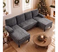 RELAX4LIFE Canapé d'angle U Panoramique en Chenille 5-6 Places (Gris) | Canapé d'Angle en Forme de U en Tissu Chenille Doux avec Double Méridien, Modulable Convertible avec 4 Coussins, Charge 450kg