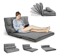 RELAX4LIFE Chauffeuse 2 Personnes Pliable en Daim Dossier Réglable de 90 ° à 180 ° de 5 Positions avec 2 Oreillers, Fauteuil Couvertible Cadre Métallique Charge Max 150 KG (Modèle 1, Gris)
