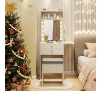 RELAX4LIFE Coiffeuse Moderne avec Miroir LED 3 Couleurs | Table de Maquillage Compacte avec Station de Charge TypeC USB 2 Secteurs, Tabouret, Bureau Rabattable et 2 Tiroirs, Blanc