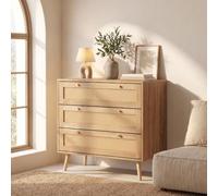 RELAX4LIFE Commode Cannage 3 Tiroirs, Commode Chambre Bois Bohème 80CM | Pieds en Pin Massif, Anti-Basculement, Robot-Compatible 15,5CM, Meuble Rotin pour Salon Chambre Entrée