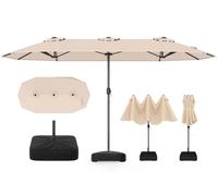 RELAX4LIFE Grand Parasol de Jardin Exterieur avec Pied, 4x2M Parasol Double pour Terrasse/Piscine/Marché, 12 Baleines Renforcées, Manivelle, Protection Solaire pour 6-8 Personnes (Beige)