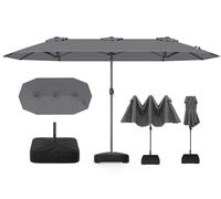 RELAX4LIFE Grand Parasol de Jardin Exterieur avec Pied, 4x2M Parasol Double pour Terrasse/Piscine/Marché, 12 Baleines Renforcées, Manivelle, Protection Solaire pour 6-8 Personnes (Gris)