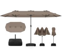 RELAX4LIFE Grand Parasol de Jardin Exterieur avec Pied, 4x2M Parasol Double pour Terrasse/Piscine/Marché, 12 Baleines Renforcées, Manivelle, Protection Solaire pour 6-8 Personnes (Marron)