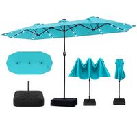 RELAX4LIFE Grand Parasol de Jardin Exterieur LED avec Pied, 4x2M Parasol Double Éclairé pour Terrasse/Piscine/Marché, 12 Baleines Renforcées, Manivelle, Protection Solaire pour 6-8 Personnes,Turquoise