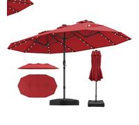 RELAX4LIFE Grand Parasol Double avec LED Solaire, Grand Parasol de Jardin Extérieur avec Pied, 48 Lumières, Manivelle, Base Croix, Sac de Sable, Protection Solaire, Montage Facile (Rouge)