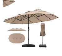 RELAX4LIFE Grand Parasol Double avec LED Solaire, Grand Parasol de Jardin Extérieur avec Pied, 48 Lumières, Manivelle, Base Croix, Sac de Sable, Protection Solaire, Montage Facile (Marron)