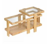 RELAX4LIFE Lot de 2 Table Basse Gigogne en Verre et Bois, Étagère Cannage | Verre Trempé Résistant, Cadre en Caoutchouc Massif, Bout de Canapé, Table d'Appoint pour Salon Bureau Chambre