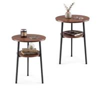RELAX4LIFE Lot de 2 Table Basse Ronde à 2 Niveaux, Industrielle, Noyer | 2 Plateaux Ronds, Cadre Métallique Solide, Robot-Compatible, Bout de Canapé, Table d'Appoint pour Salon Chambre, Charge 50 KG