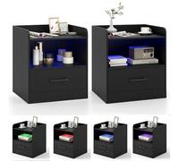 RELAX4LIFE Lot de 2 Table de Chevet avec LED Intelligent à 4 Couleurs Réglables & Télecommande, Table de Nuit avec Étagère & 1 Tiroir, Table d'Appoint Style Moderne
