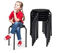 RELAX4LIFE Lot de 6 Tabourets Empilables avec Cadre en Métal, Tabourets Bar pour Enfants Adultes, Tabourets Ronds Légers pour Cuisine Bureau Salon, Hauteur D’Assise 44 CM, Charge 100 KG (Noir)