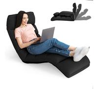 RELAX4LIFE Méridienne en Daim Réglable en 5 Positions 90°-180°et Oreiller, Chauffeuse 1 Place Convertible Rembourrée, Fauteuil Relaxant au Sol pour Bureau, Salon,Chambre, 175x55x20CM(Noir)