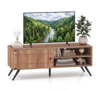 RELAX4LIFE Meuble TV Rétro,Table Basse Télé Vintage pour Écran Jusqu'à 55" | Console avec Porte, 2 Niches Ouvertes, Passe-Câbles, Pieds Surélevés 15cm pour Robot Aspirateur, en Bois, 120X35X50CM