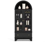 RELAX4LIFE Meuble Vitrine Arche 180CM, Armoire Vitrée de Présentation, Noir | Tiroir Profond, Espace Ouvert, Portes en Verre Trempé, Casiers à Vin, Porte-Verres, Buffet Haut Arche pour Salon Cuisine