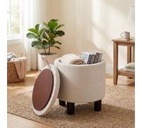 RELAX4LIFE Pouf Rangement Rond 48 L, Repose-Pieds en Tissu Lin avec Couvercle Réversible Effet Bois, Tabouret Rangement pour Coiffeuse pour Salon, Chambre, Entrée, Charge160 kg, 38x 44 cm