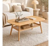 RELAX4LIFE Table Basse de Salon en Bois avec Étagère Cannage Rotin, Naturel | Pieds Caoutchouc Massif, Robot-Compatible, Table d'Appoint Rectangulaire pour Salon, Chambre, 100X53,5X45,5 CM, Charge 100 KG