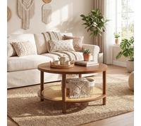 RELAX4LIFE Table Basse Ronde en Bois avec Étagère Cannage | Plateau Plaqué Bois, Pieds en Caoutchouc Massif, Table Salon d'Appoint, Robot-compatible, Charge 100 KG, D80xH45 CM, Noyer