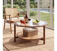 RELAX4LIFE Table Basse Ronde en Verre Trempé et Bois, Étagère Cannage | Pieds en Caoutchouc Massif, Patin Antidérapant, Table Salon d'Appoint, Robot-compatible, Charge 100 KG, D90xH43,5 CM, Noyer