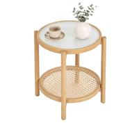RELAX4LIFE Table d'Appoint Ronde 2 Niveaux en Verre Trempé et Rotin (Naturel)