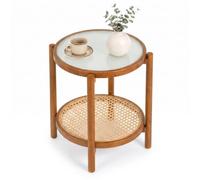 RELAX4LIFE Table d'Appoint Ronde 2 Niveaux en Verre Trempé et Rotin (Noyer) | Pieds Bois Acacia Massif, Étagère Cannage, Bout de Canapé, Chevet, Charge Max 50 kg, 48 x 48 x 58 CM