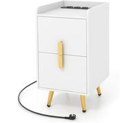 RELAX4LIFE Table de Chevet avec 3 Prises & 2 Ports USB, Table d'Appoint avec 2 Tiroirs, Table de Nuit pour Salon/Chambre, Blanc