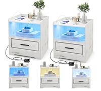 RELAX4LIFE Table de Chevet avec LED Intelligent à 3 Couleurs Réglables & USB & Induction Corporelle, Table de Nuit avec Étagère & 1 Tiroir, Table d'Appoint Style Moderne (2, Blanc)