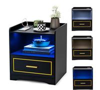 RELAX4LIFE Table de Chevet avec LED Intelligent à 3 Couleurs Réglables & USB & Induction Corporelle, Table de Nuit avec Étagère & 1 Tiroir, Table d'Appoint Style Moderne (1, Noir)