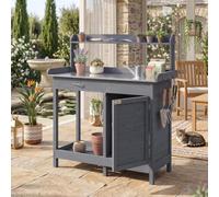 RELAX4LIFE Table de Rempotage en Bois 112 x 46,5 x 125 cm (Gris) | Station de Jardinage Extérieur avec Plan de Travail Inox, Tiroir, Placard pour Jardin Balcon Terrasse