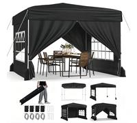 RELAX4LIFE Tonnelle Pliante 3x3 avec Parois, Barnum Pliant 3x3 pour Jardin/Marché/Camping, Cadre en Acier au Carbone, Tissu Oxford Argenté, Gazebo Tente de Réception avec Sac à roulettes (Noir)