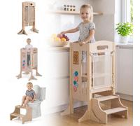 RELAX4LIFE Tour d'Observation Montessori Pliable Enfants en Bois (3-en-1) | Station d'Apprentissage avec Tableau Noir, Marchepied Séparable, Hauteur Réglable 27-50cm, Busy Board Activités, Charge 50 KG