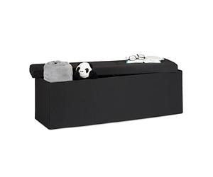 Relaxdays 10019049 _ 46 Pouf pliant, banc avec rangement, repose-pieds, lin, noir, 114 x 38 x 38 cm