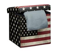 Relaxdays 10019050 Tabouret pliant coffre de rangement pliable banc de stockage avec couvercle amovible 38 x 38 x 38 cm pouf en similicuir repose-pieds table appoint motifs tendances USA