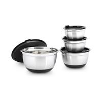 Relaxdays 10019120 Bol en acier inoxydable avec couvercle et fond anti-glissement lot de 4 Saladier plat creux bol mélangeur protection arômes et saveurs, noir-argenté - Diamètre 15,5, 17,5, 21 et 25,5 cm